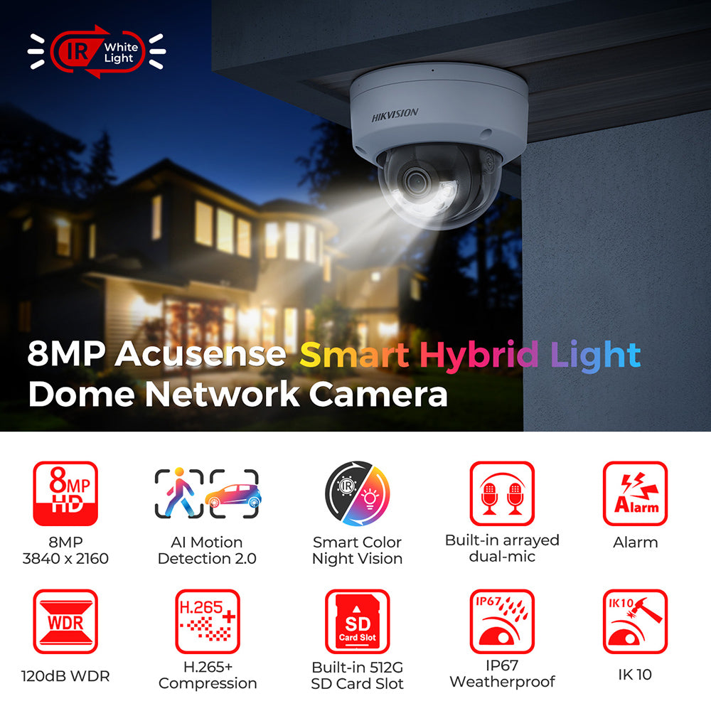 Hikvision DS-2CD2183G2-LI(S)(2U) 8MP PoE Security Camera with Dual Mic/Audio, 98ft Smart Hybrid Night Vision, 108° FOV, MicroSD (512GB), AcuSense, IP67 IK10