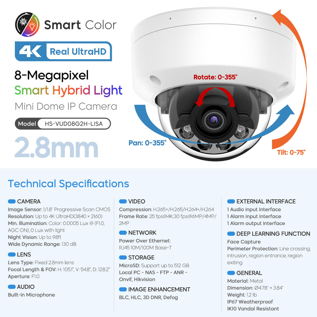Hikvision oem DS-2CD2187G2H-LISU 8MP ColorVu PoE Dome IP Camera Hybrid Light MIC