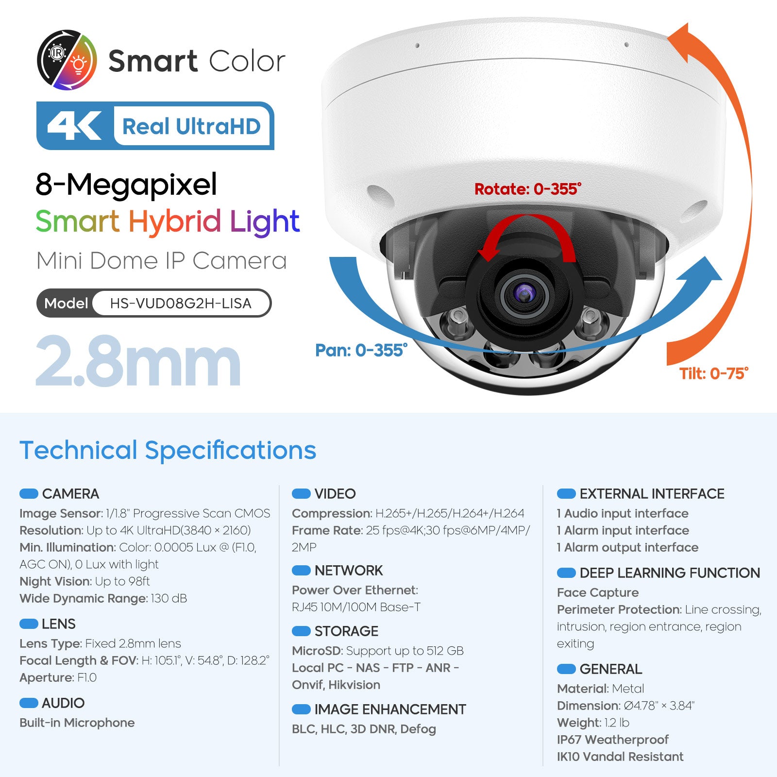 Hikvision oem DS-2CD2187G2H-LISU 8MP ColorVu PoE Dome IP Camera Hybrid Light MIC