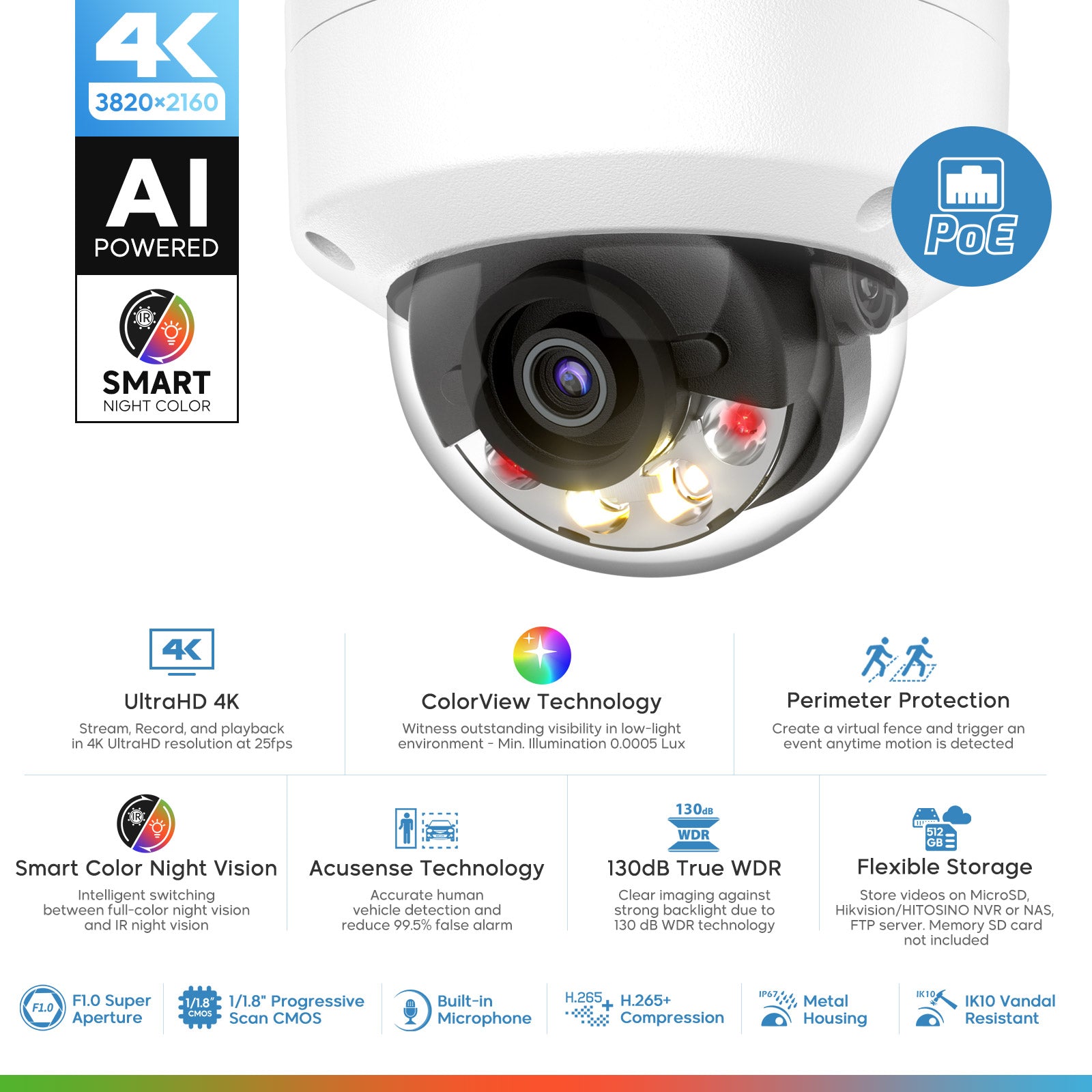 Hikvision oem DS-2CD2187G2H-LISU 8MP ColorVu PoE Dome IP Camera Hybrid Light MIC