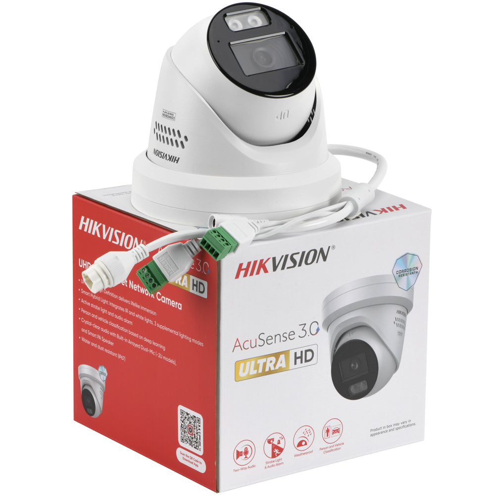 Hikvision 12MP UHD AcuSense Turret Camera Active Strobe Light & Audio Alarm Smart Hybrid Light Dual-Mic Speaker Hik-AI ISP