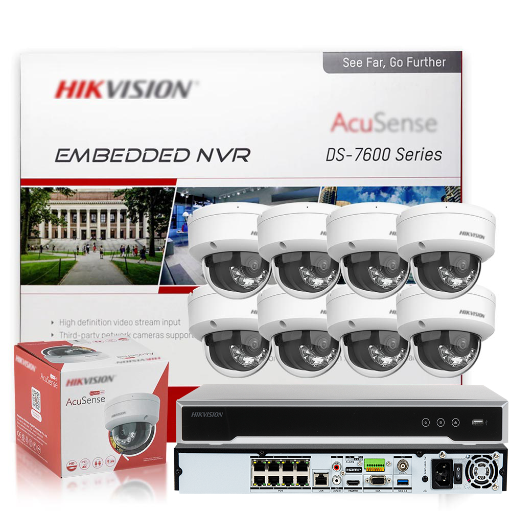 .Hikvision 8K 8CH PoE NVR DS-7608NI-M2/8P + DS-2CD2143G2-LIS2U 4MP IP Camera Vandal Proof Smart Hybrid Light Built in MIC AcuSense Dome CCTV Camera System