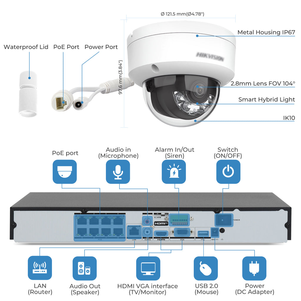 Hikvision DS-2CD2183G2-LIS2U 8MP AI PoE Dome Camera + DS-7608NXI-K2/8P 8CH PoE NVR Kit, AcuSense Human & Vehicle Detection, Smart Hybrid Light Color Night Vision, Built-in Mic, 4K Security System