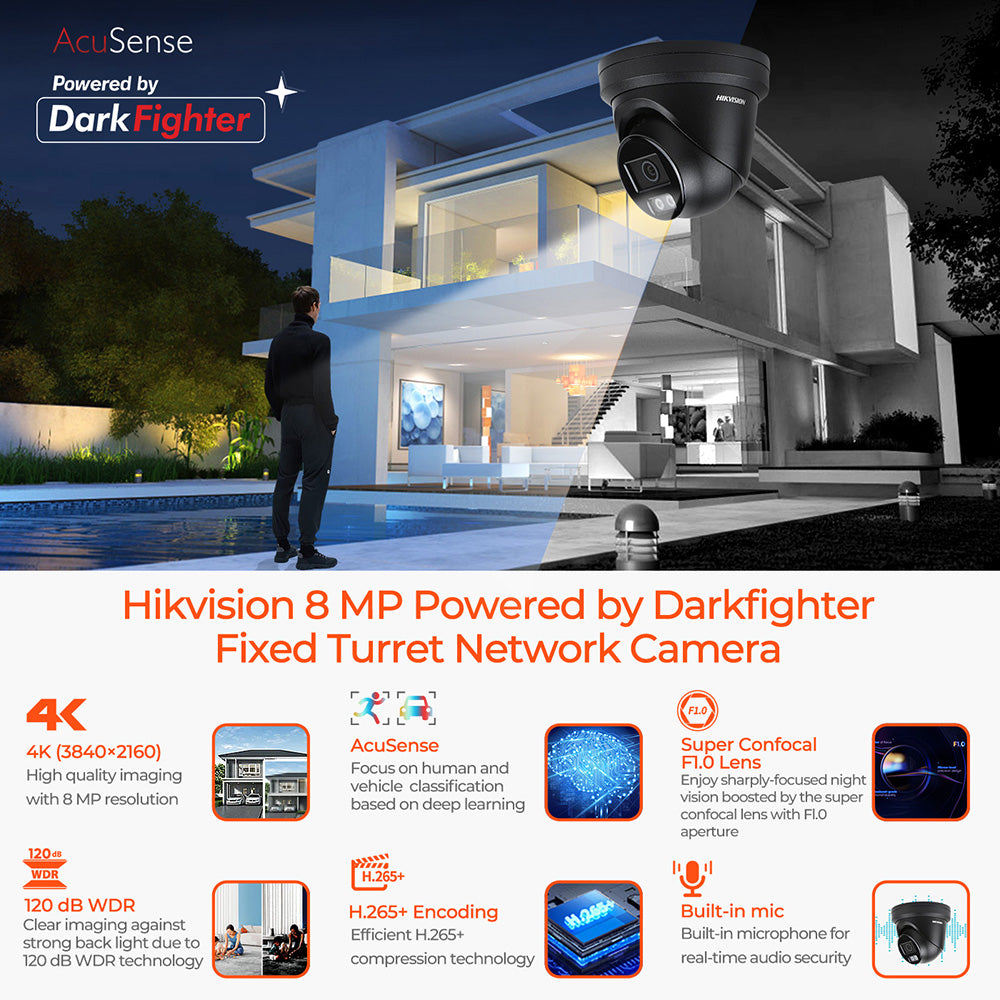 Hikvision 12MP NVR 16 Channel Security Audio PoE IP Camera System, Face Recognition & AcuSearch DarkFighter IP67 CCTV for Businesses