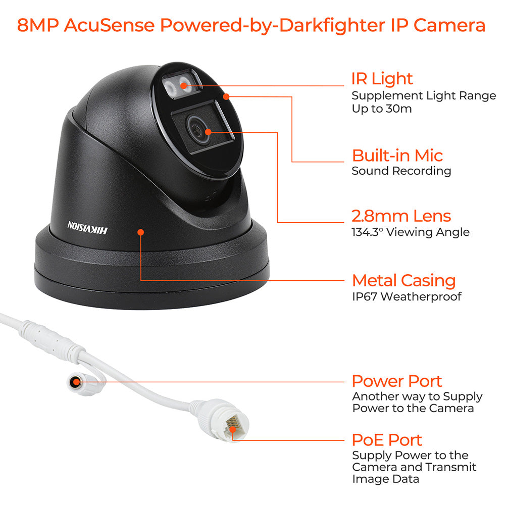 Hikvision 12MP NVR 16 Channel Security Audio PoE IP Camera System, Face Recognition & AcuSearch DarkFighter IP67 CCTV for Businesses