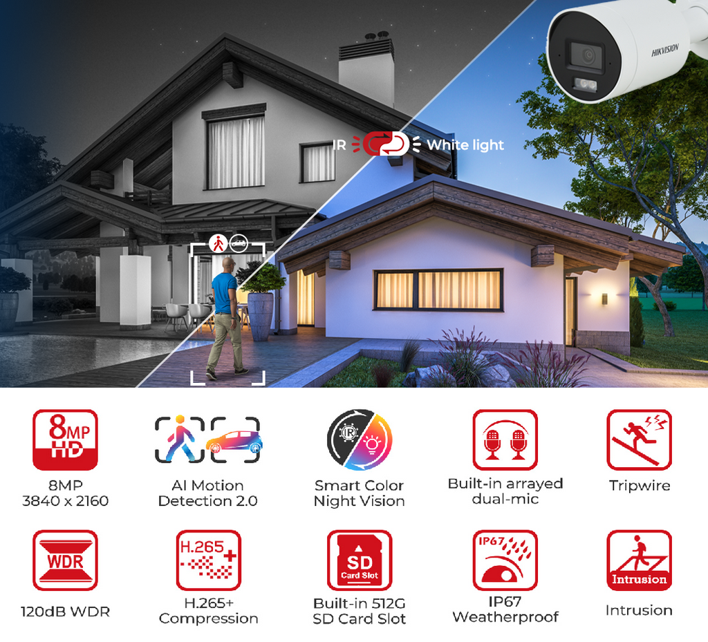 Hikvision DS-2CD2083G2-LI2U 8MP Acusense Smart Hybrid Light Fixed Bullet Network Camera Built-in 2-way mic WDR