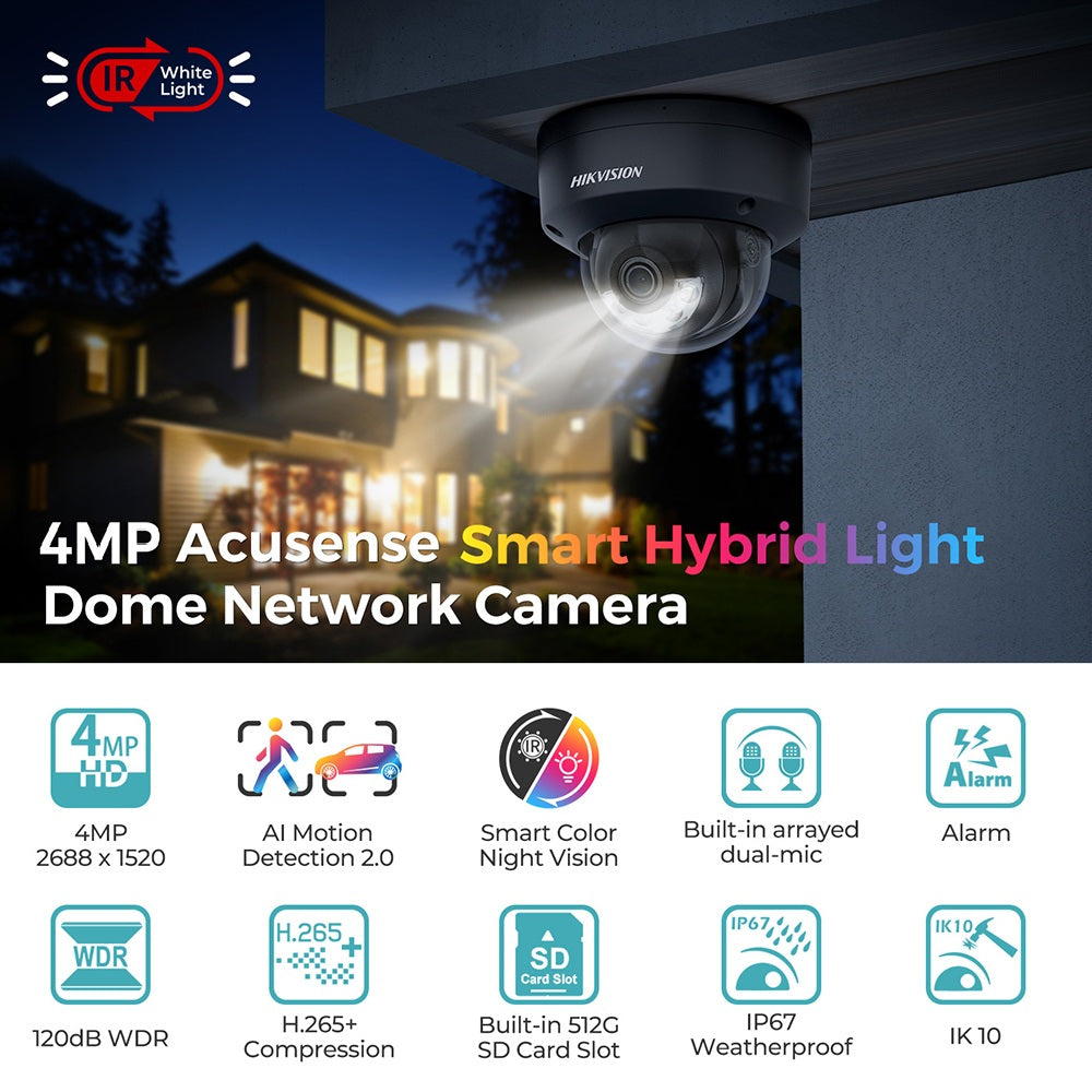 Hikvision DS-2CD2143G2-LIS2U Black 4 MP Acusense Smart Hybrid Light Fixed Dome Network Camera with WDR & Built-in dual-microphone