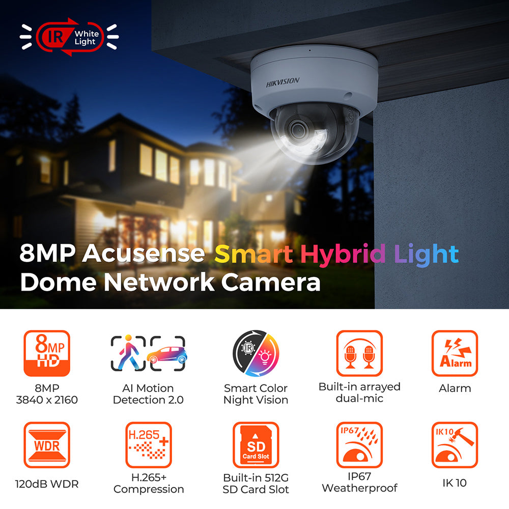 Hikvision DS-2CD2183G2-LIS2U 8 MP Acusense Smart Hybrid Light Fixed Dome Network Camera Built-in dual-microphone