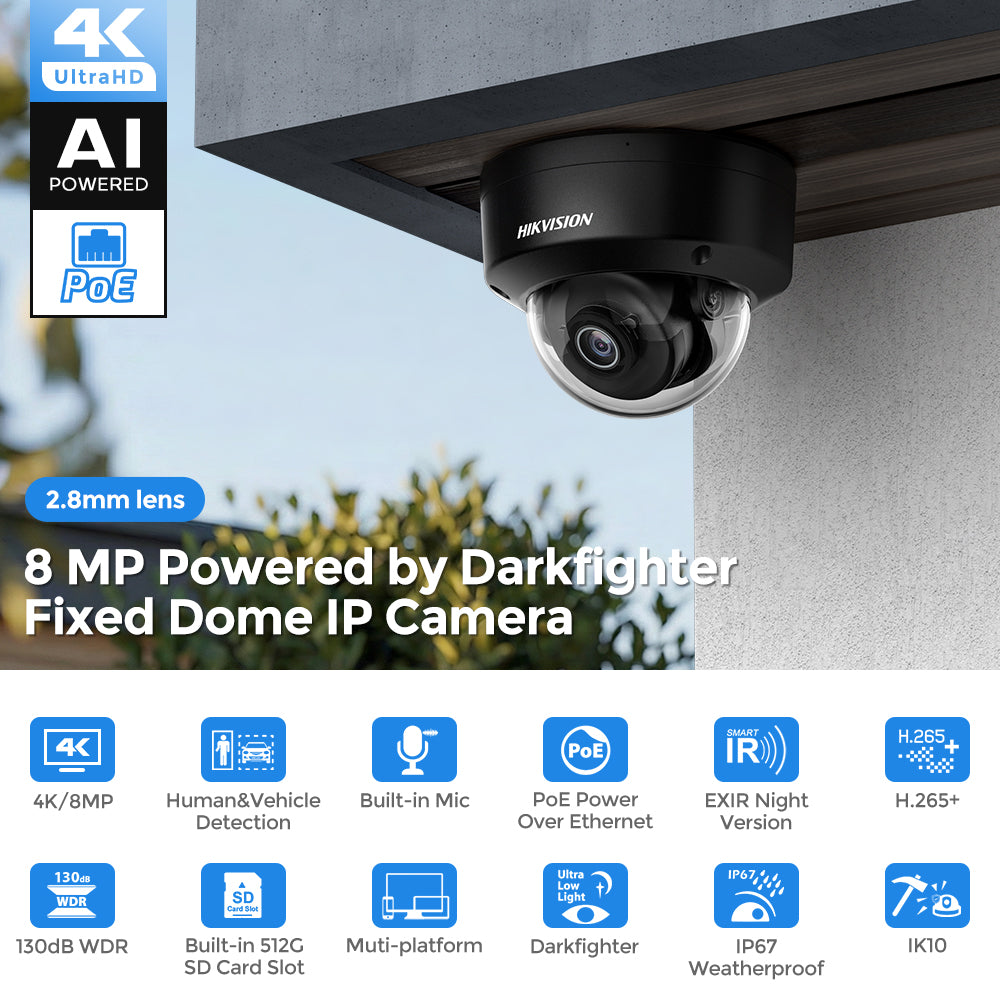 Hikvision DS-2CD2186G2H-ISU 8MP 4K Powered by Darkfighter Fixed Dome IP Camera MIC IP67 & IK10 vandal-resistant human & vehicle Detection