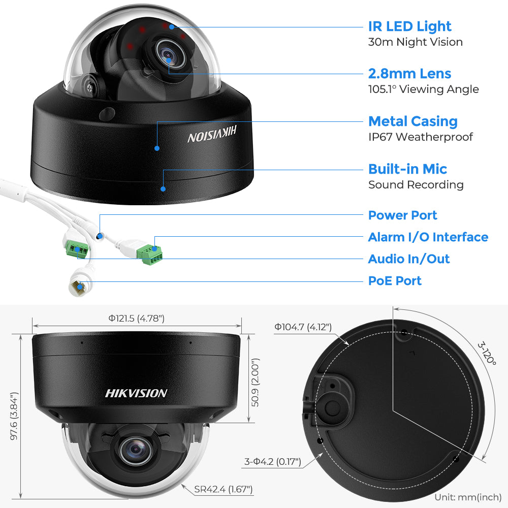 Hikvision DS-2CD2186G2H-ISU 8MP 4K Powered by Darkfighter Fixed Dome IP Camera MIC IP67 & IK10 vandal-resistant human & vehicle Detection