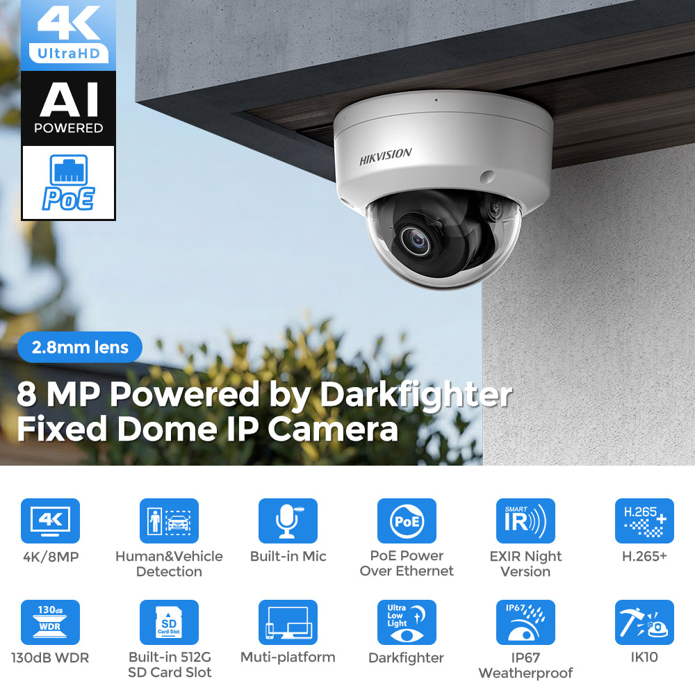 Hikvision DS-2CD2186G2H-ISU 4K 8 MP Powered by Darkfighter Fixed Dome Acusense IP Camera IP67 & IK10 MIC 2.8MM