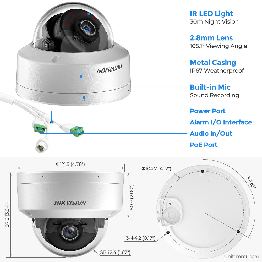 Hikvision DS-2CD2186G2H-ISU 4K 8 MP Powered by Darkfighter Fixed Dome Acusense IP Camera IP67 & IK10 MIC 2.8MM