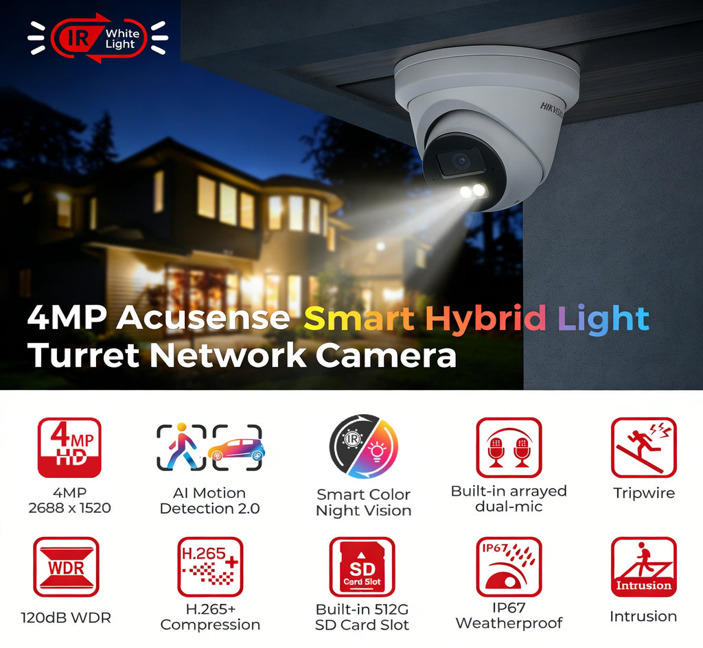 Hikvison DS-2CD2343G2-LI2U 4MP Acusense Smart Hybrid Light Fixed Turret Network Camera with Motion Detection and  2-way real-time MIC