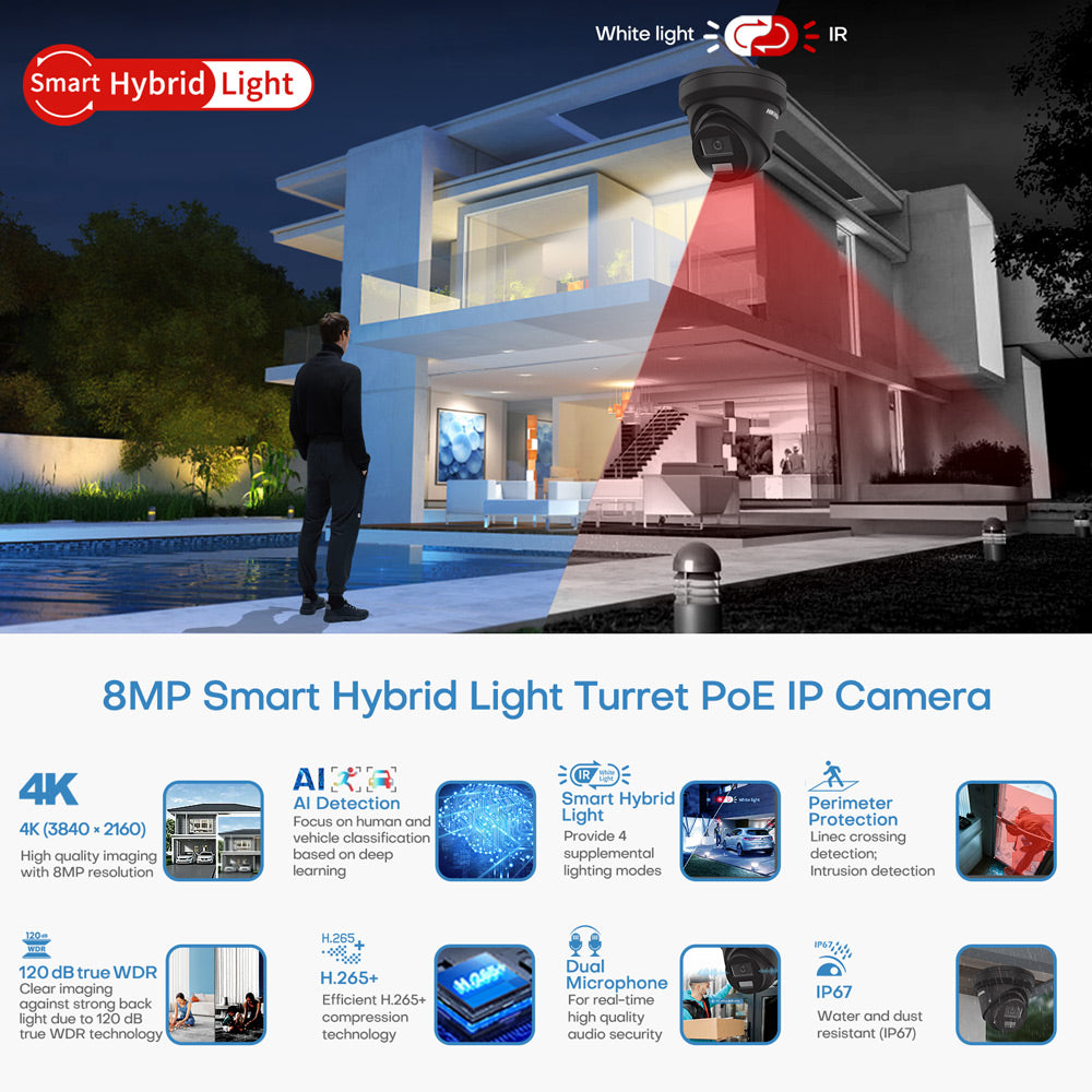 Hikvision DS-2CD2383G2-LI2U Black 8MP Acusense Smart Hybrid Light Fixed Turret Network Camera with Motion Detection Built-in 2-way MIC
