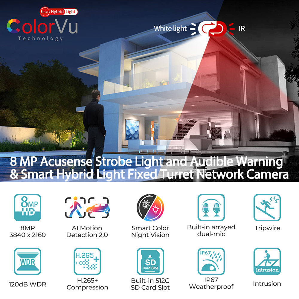 Hikvision DS-2CD2383G2-LI2U/SRB 8 MP Acusense and Audible Warning & Smart Hybrid Light Fixed Turret Network Camera  Built-in dual-microphone WDR H.265+