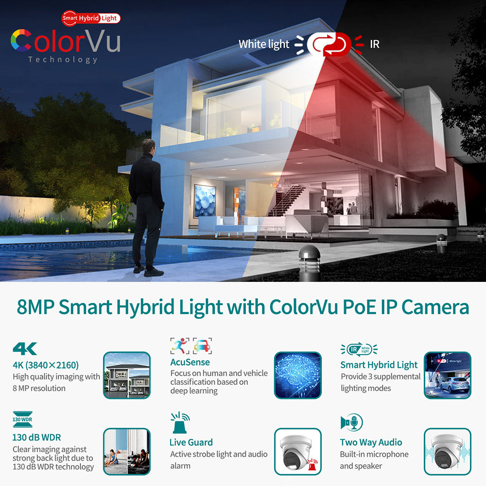 Hikvision 8MP DS-2CD2387G2H-LISU/SL Two-way Talk 2.8mm Smart Hybrid Light with ColorVu Turret Network Camera Active strobe light & audio alarm