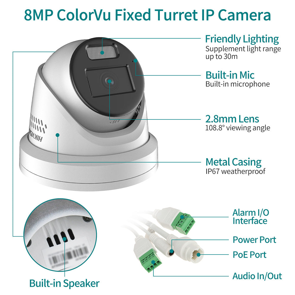 Hikvision 8MP DS-2CD2387G2H-LISU/SL Two-way Talk 2.8mm Smart Hybrid Light with ColorVu Turret Network Camera Active strobe light & audio alarm