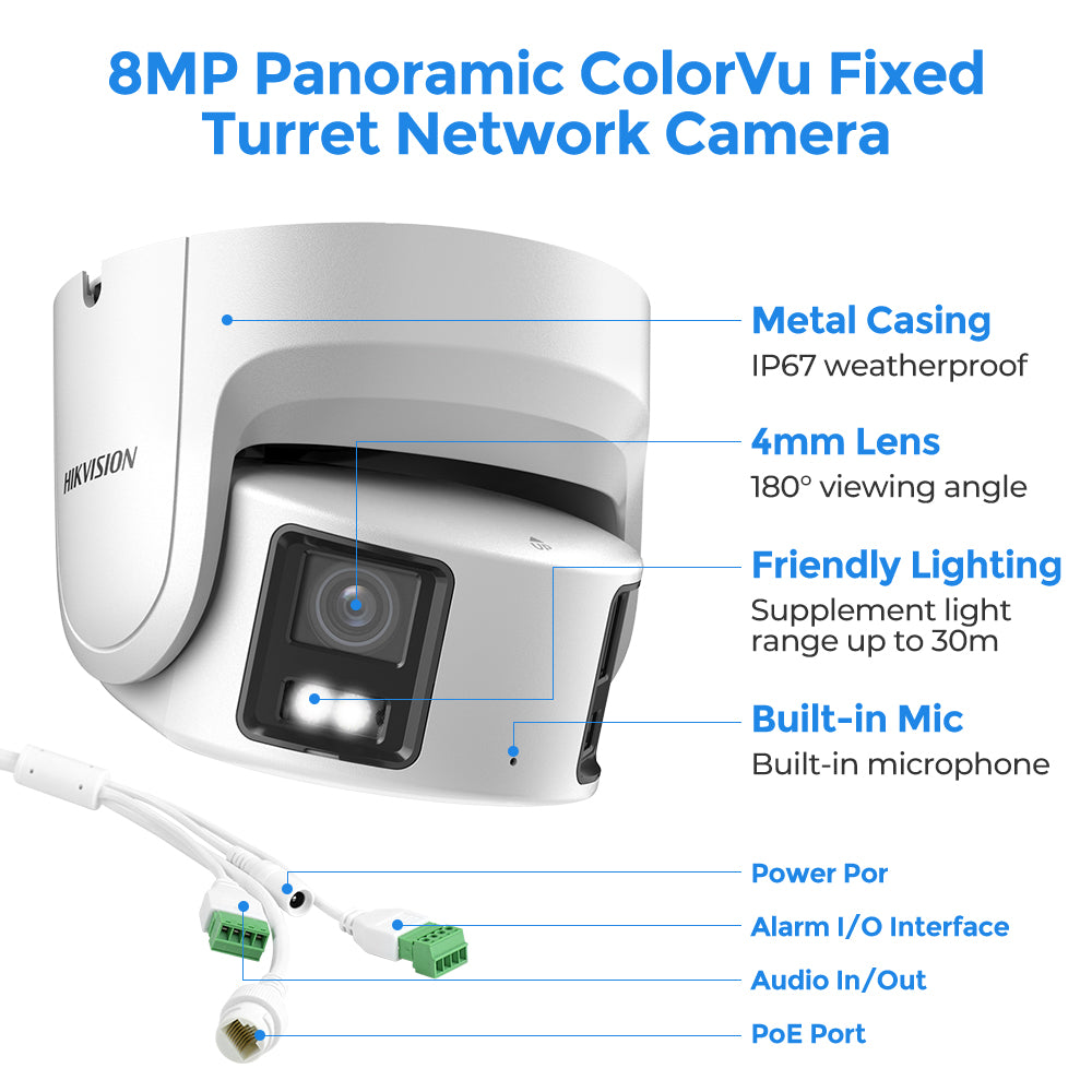 Hikvision DS-2CD2387G2P-LSU/SL 8MP 180° Panoramic ColorVu IP Camera Mic Speaker