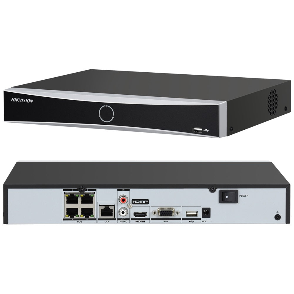 Hikvision DS-7604NXI-K1/4P 4-ch PoE 1U K Series AcuSense 4K NVR 40 Mbps H.265+ plug & play Facial recognition, perimeter protection, motion detection 2.0