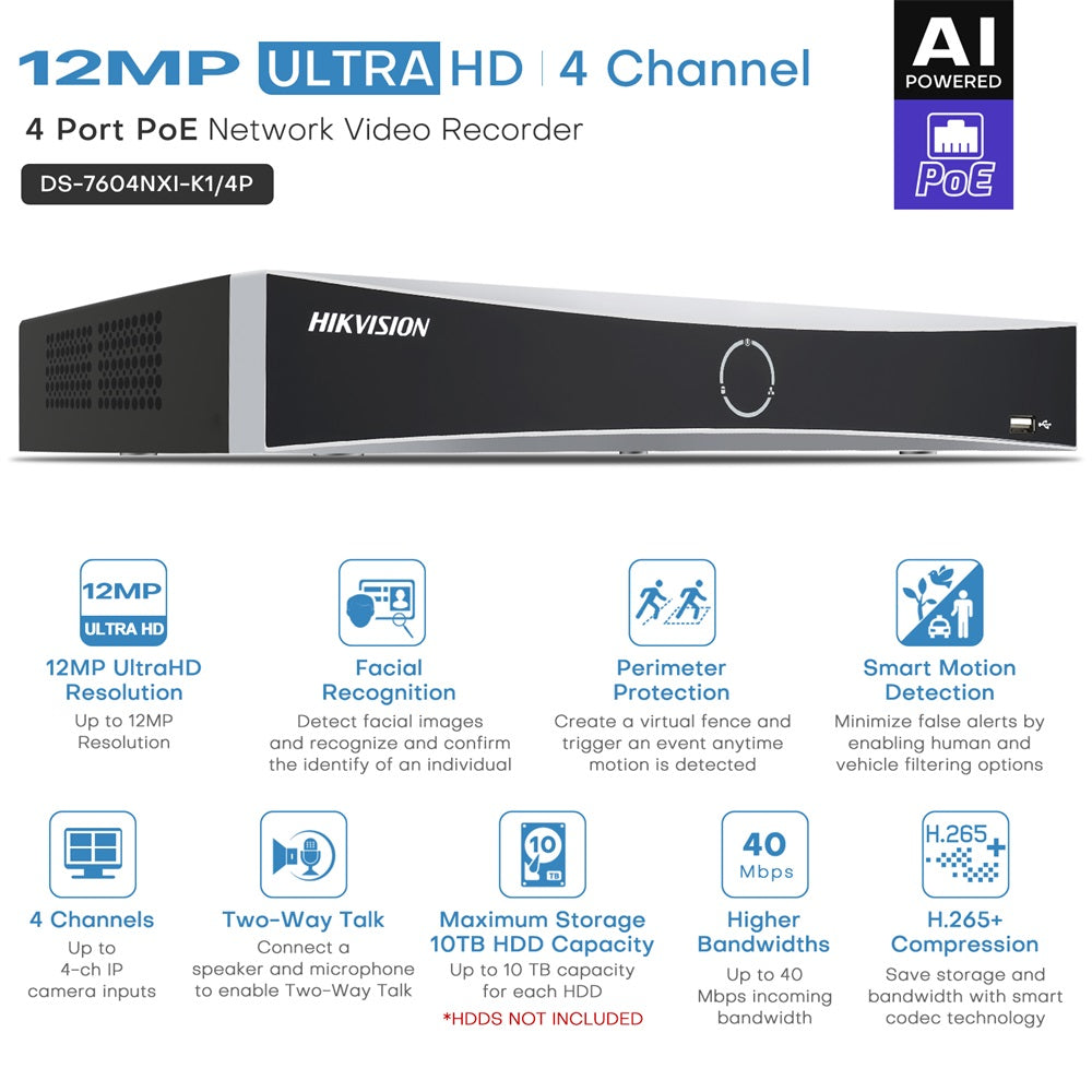 Hikvision DS-7604NXI-K1/4P 4-ch PoE 1U K Series AcuSense 4K NVR 40 Mbps H.265+ plug & play Facial recognition, perimeter protection, motion detection 2.0