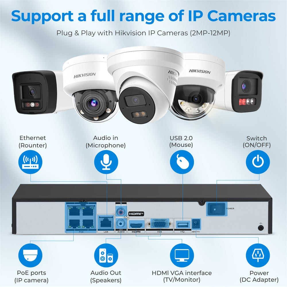 Hikvision DS-7604NXI-K1/4P 4-ch PoE 1U K Series AcuSense 4K NVR 40 Mbps H.265+ plug & play Facial recognition, perimeter protection, motion detection 2.0