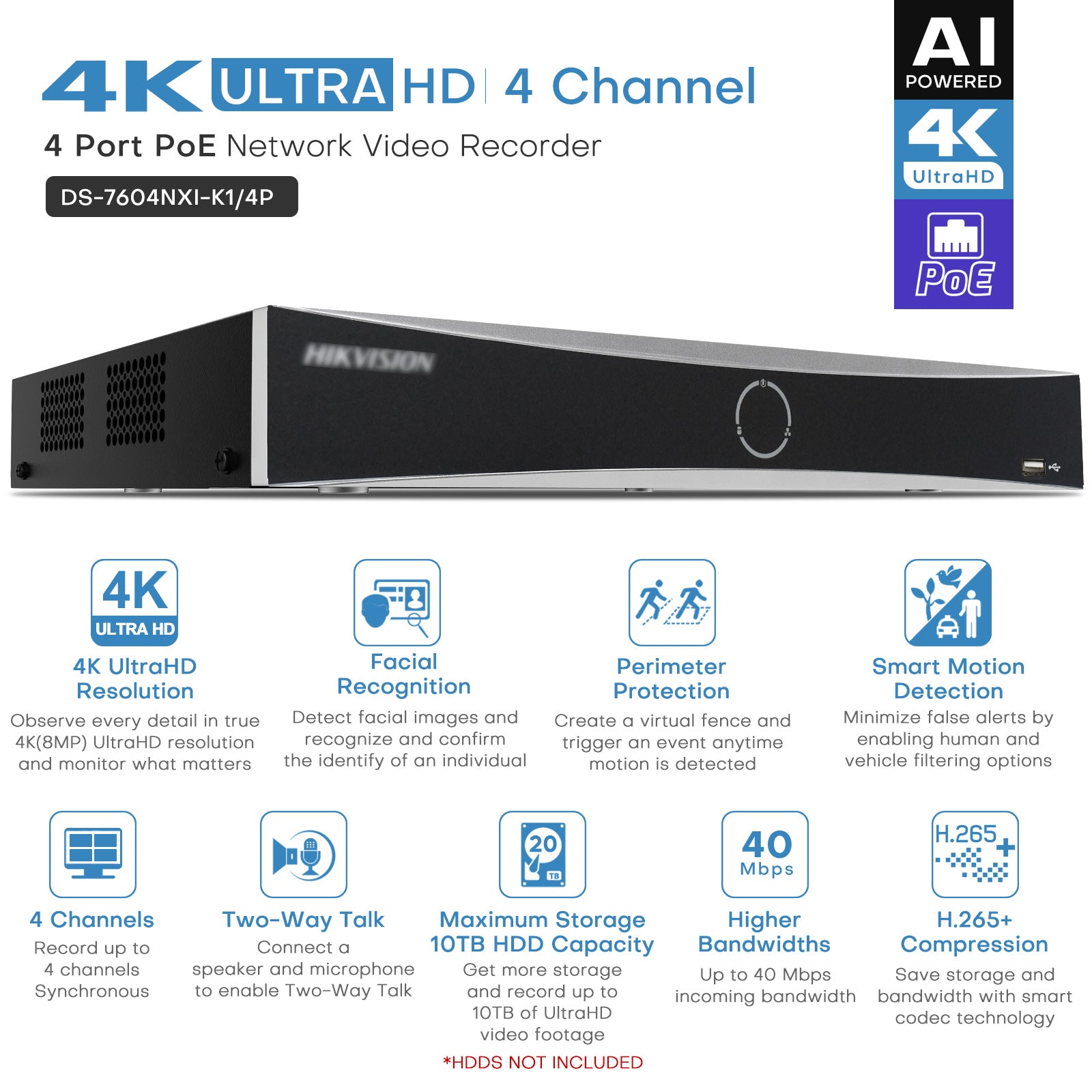 Hikvision 4ch 4POE Security Camera System Darkfighter Acusense IP Cam Built In MIC Plug & Play Night Vision, Motion Alert, Remote Access