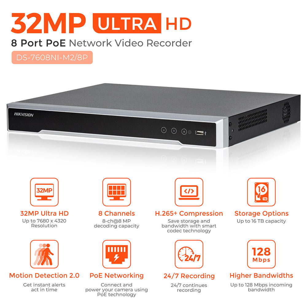 DS-7608NI-M2/8P Hikvision 32MP 8K 8CH 8POE 2-SATAs interfaces 1U NVR Network Video Recorder