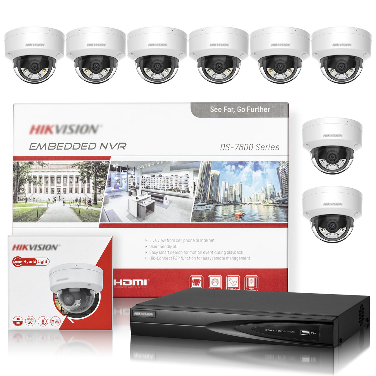 Hikvision 8CH PoE Security Camera System, 4K 8MP Dome IP Cameras Outdoor, DS-7608NI-Q1/8P with 8MP DS-2CD1183G2-LIUF, Smart Hybrid Light Color Night Vision, Mic, Human Vehicle Detection, IP67, CCTV Surveillance Kit for Home Business