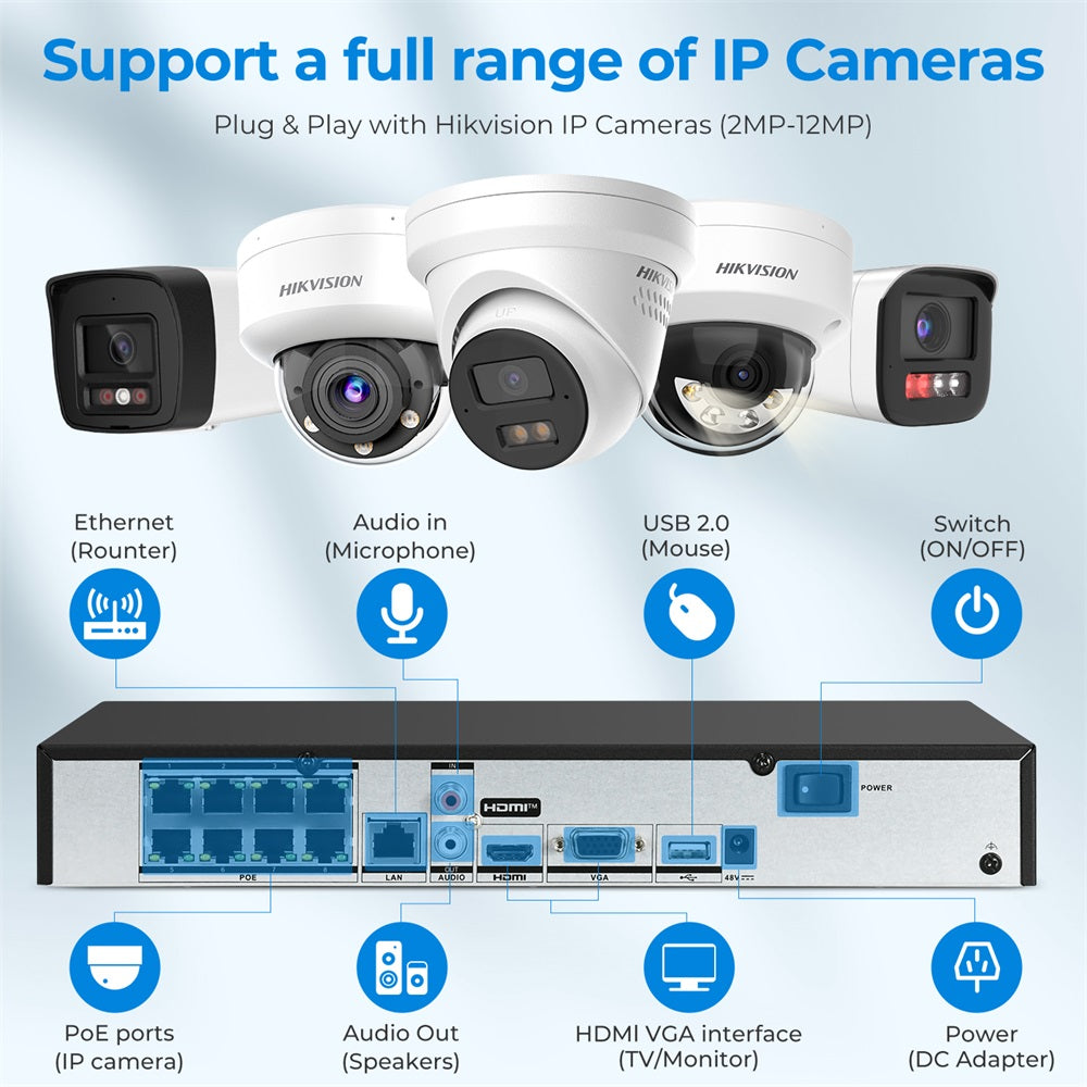 Hikvision DS-7608NXI-K1/8P 8-ch 8 PoE 1U AcuSense 4K NVR 80 Mbps for 12 MP/8 MP/6 MP/5 MP/4 MP/3 MP/1080p IP Camera