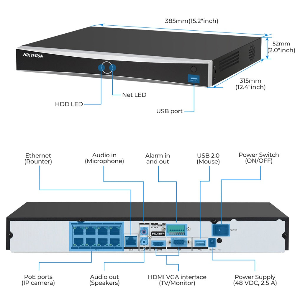 Hikvision DS-7608NXI-K2/8P 8-ch PoE 1U AcuSense 4K NVR 8CH 4K 8-Channel PoE AcuSense NVR Network Video Recorder Human/Vehicle Detection  Plug & Play with HIK IP Camera