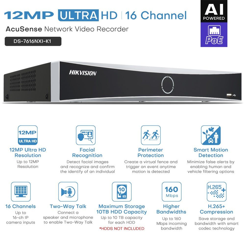 Hikvision DS-7616NXI-K1 16CH AcuSense 4K NVR Network Video Recorder (No Hard Drive), Human/Vehicle Detection, 160Mbps Bandwidth, 12MP Decoding, H.265+, Plug & Play