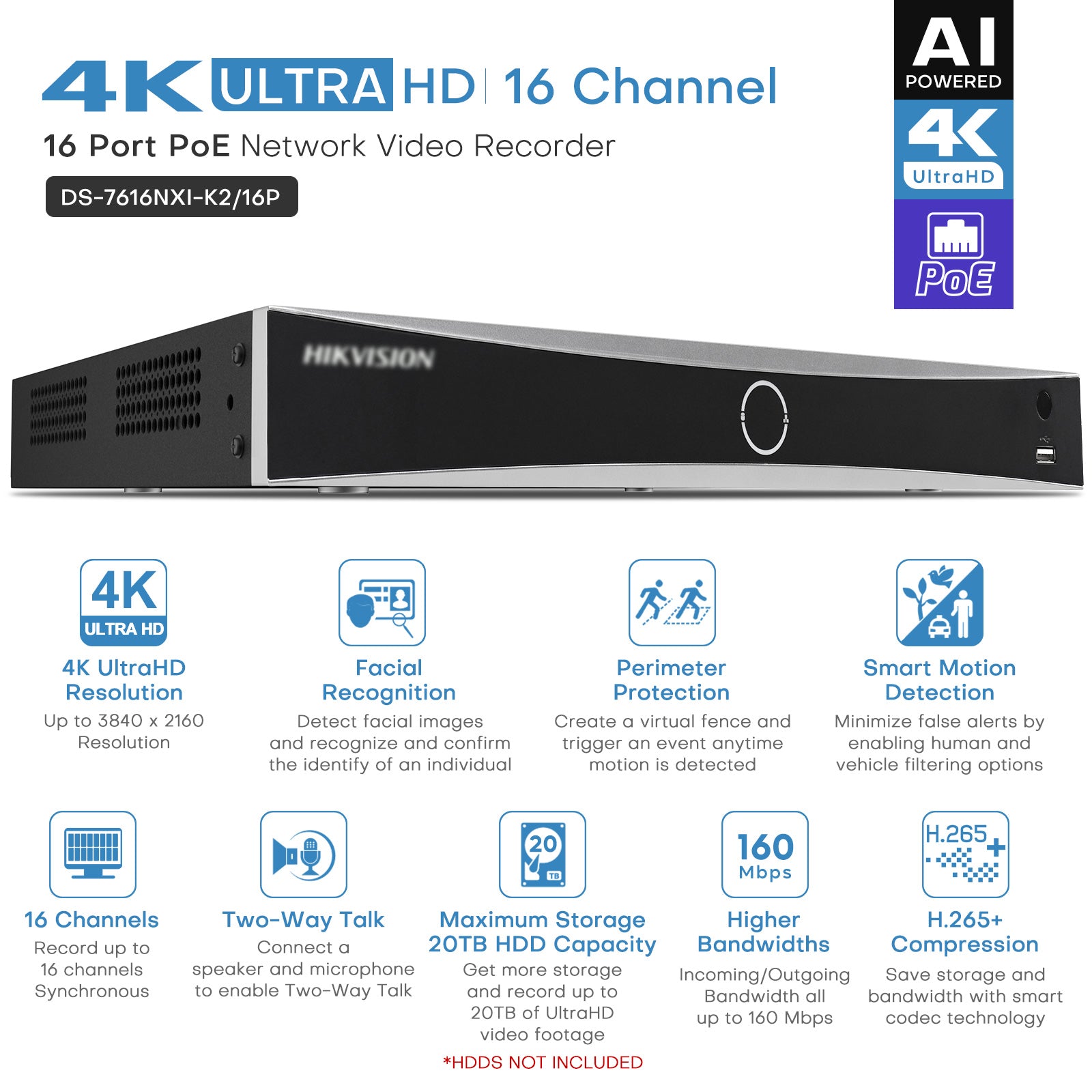 Hikvision DS-7616NXI-K2/16P 16-ch PoE 1U K Series AcuSense 4K NVR plug & play 160 Mbps