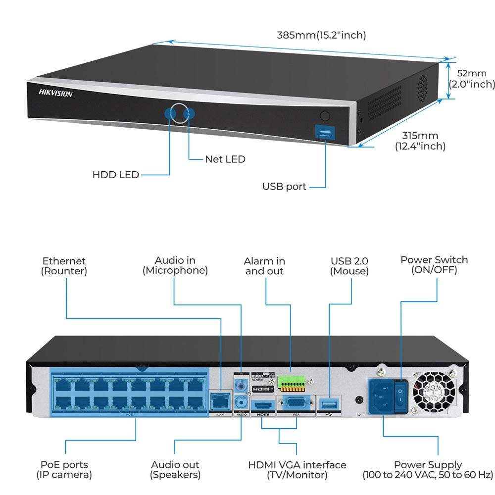 Hikvision DS-7616NXI-K2/16P 16CH PoE AcuSense 4K NVR Network Video Recorder (No Hard Drive), Human/Vehicle Detection, 160Mbps Bandwidth, 12MP Decoding, H.265+, Plug & Play