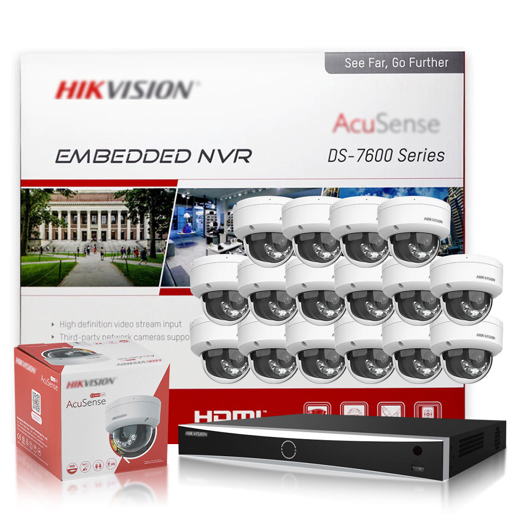 Hikvision 8MP 4K 16ch PoE Vandal-Proof Dome Security Camera System Smart Hybrid Light AI Human & Vehicle Detection IP67 IK10 Outdoor Surveillance Kit DS-2CD2183G2-LIS2U DS-7616NXI-K2/16P