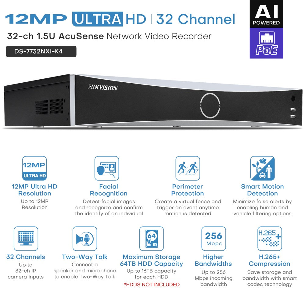 Hikvision  DS-7732NXI-K4 32 CH 4K 8MP NVR Network Video Recorder, Hard Drive Not Included, Support Facial Recognition, Perimeter Protection, Motion Detection 2.0, 4 SATA, 16TB for Each HDD, NO PoE Port