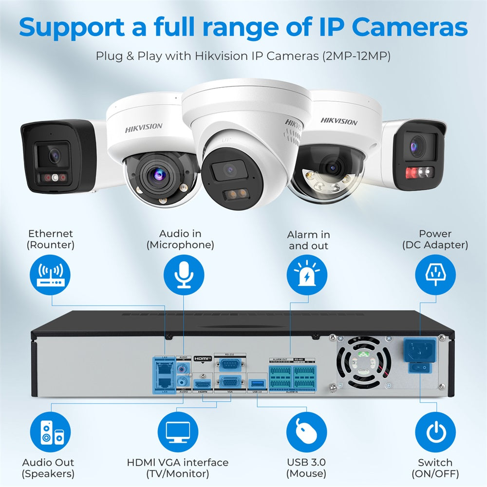 Hikvision  DS-7732NXI-K4 32 CH 4K 8MP NVR Network Video Recorder, Hard Drive Not Included, Support Facial Recognition, Perimeter Protection, Motion Detection 2.0, 4 SATA, 16TB for Each HDD, NO PoE Port