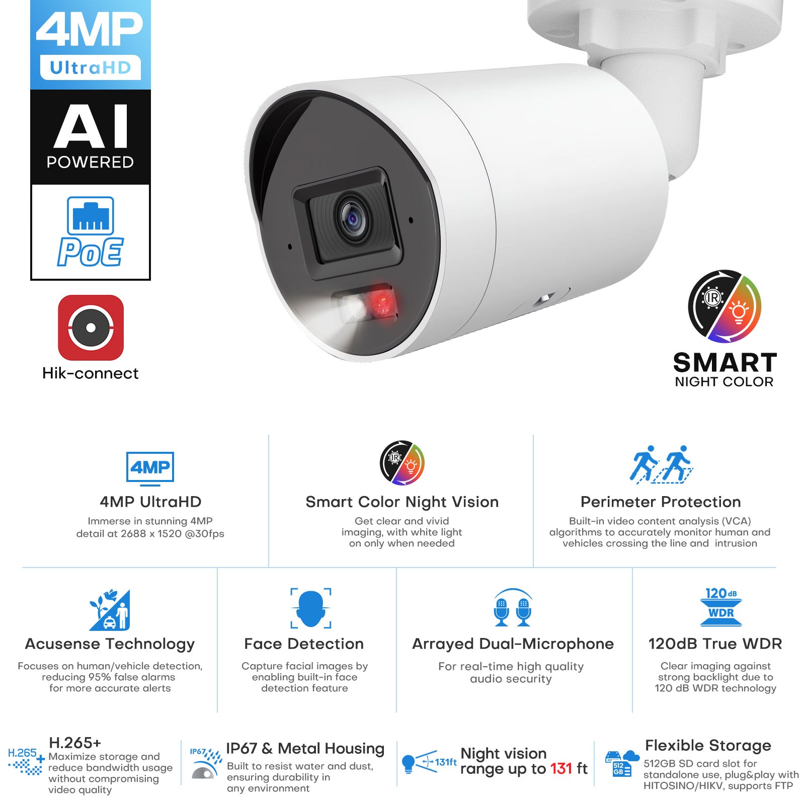 Hikvision Compatible 4MP Built-in 2-way Mic Acusense Smart Hybrid Light Fixed Bullet PoE IP Camera