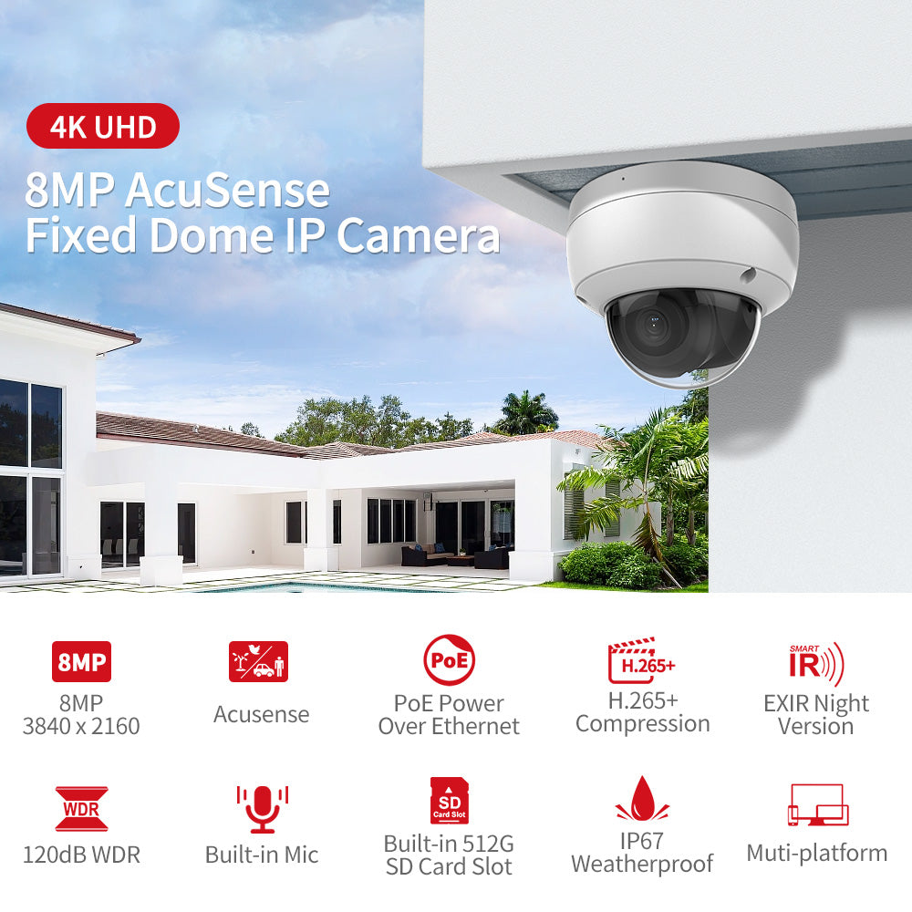 Hikvision Compatible 8MP 4K Built-in 2-way Mic Acusense Smart Hybrid Light POE IP Camera with Motion Detection