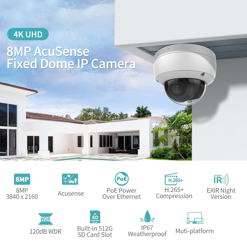 Hikvision Compatible 8MP Acusense Smart Hybrid Light Fixed Dome POE IP Camera with Motion Detection