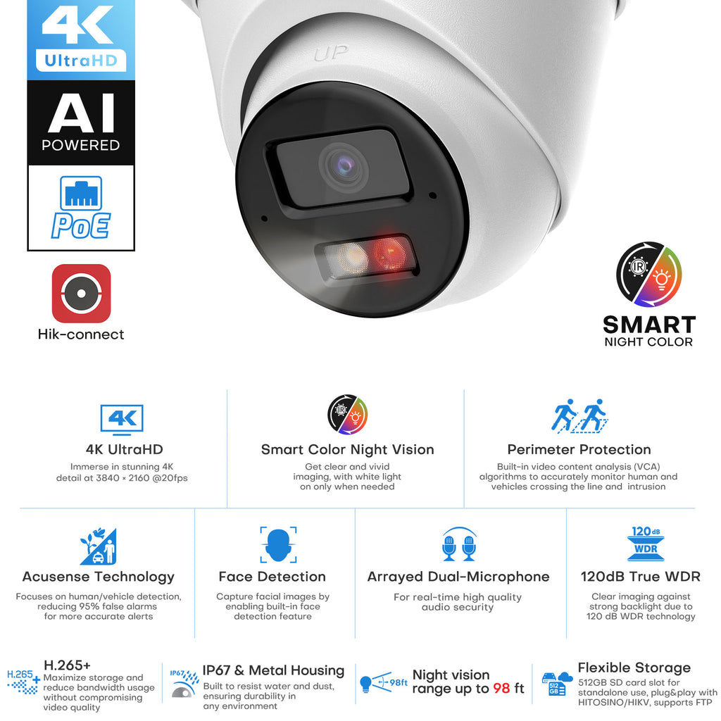 Hikvision Compatible 8MP Acusense Smart Hybrid Light Fixed Turret PoE IP Camera Built-in 2-way Mic and Motion Detection