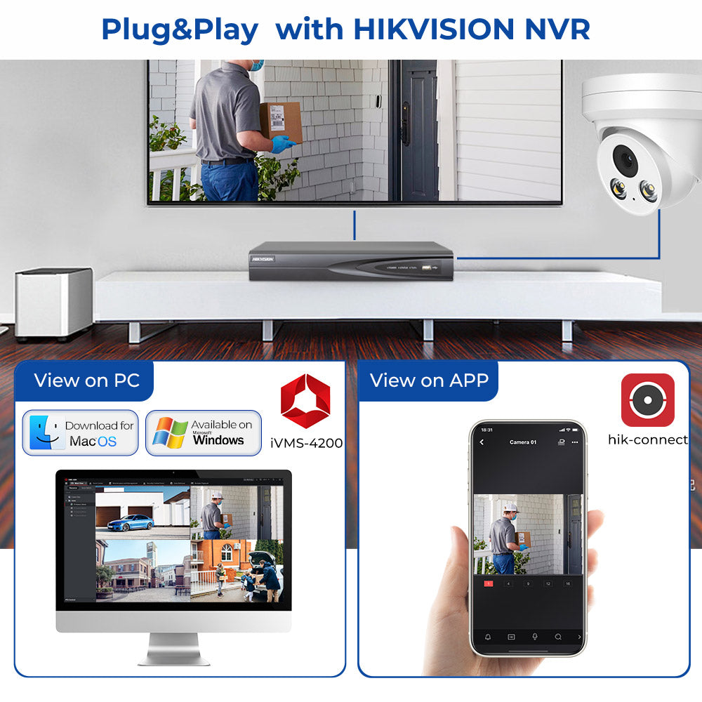 Hikvision Compatible 4MP Turret Bulit-in Mic POE IP Camera with Human and Vehicle Detection H.265+ WDR
