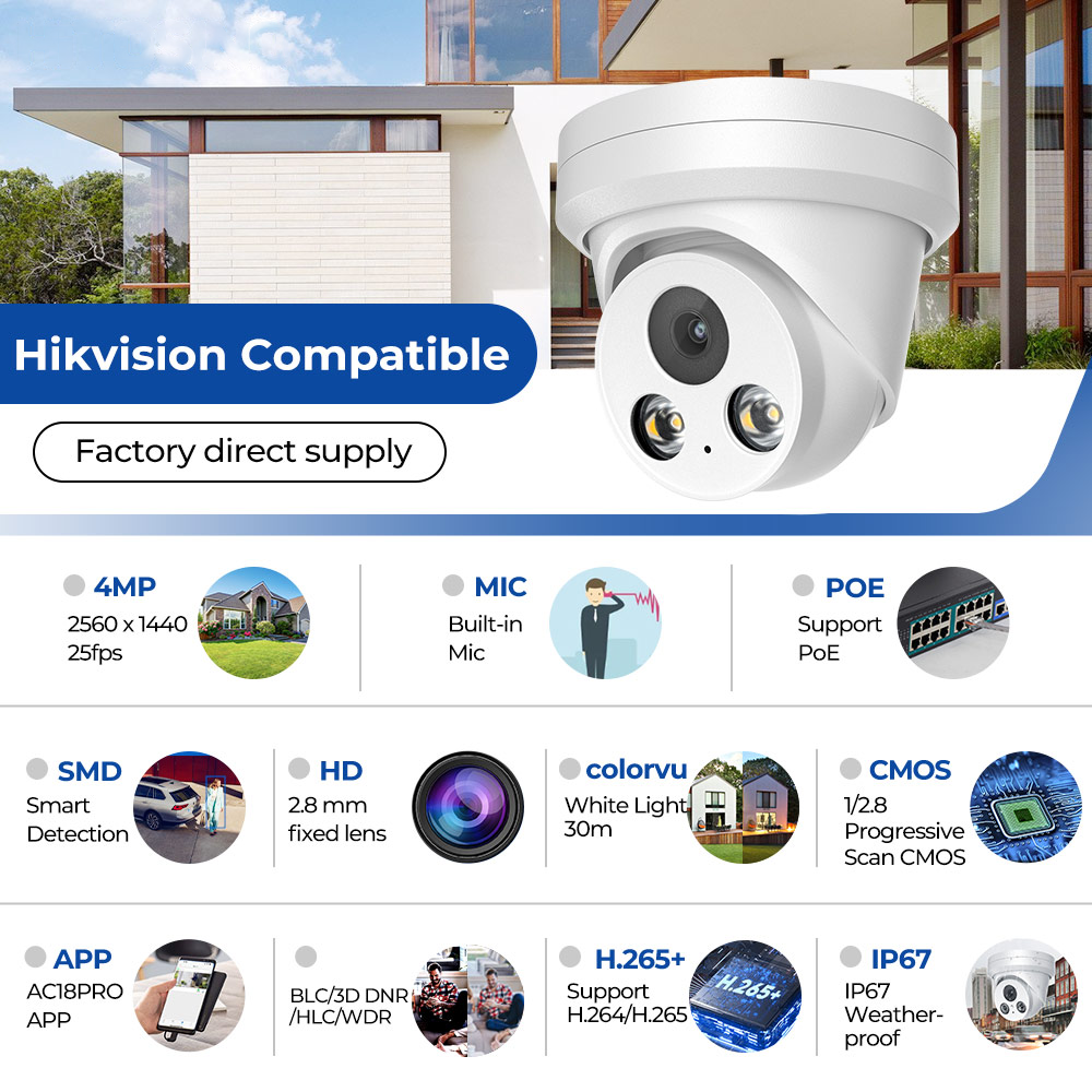 Hikvision Compatible 4MP Turret Bulit-in Mic POE IP Camera with Human and Vehicle Detection H.265+ WDR