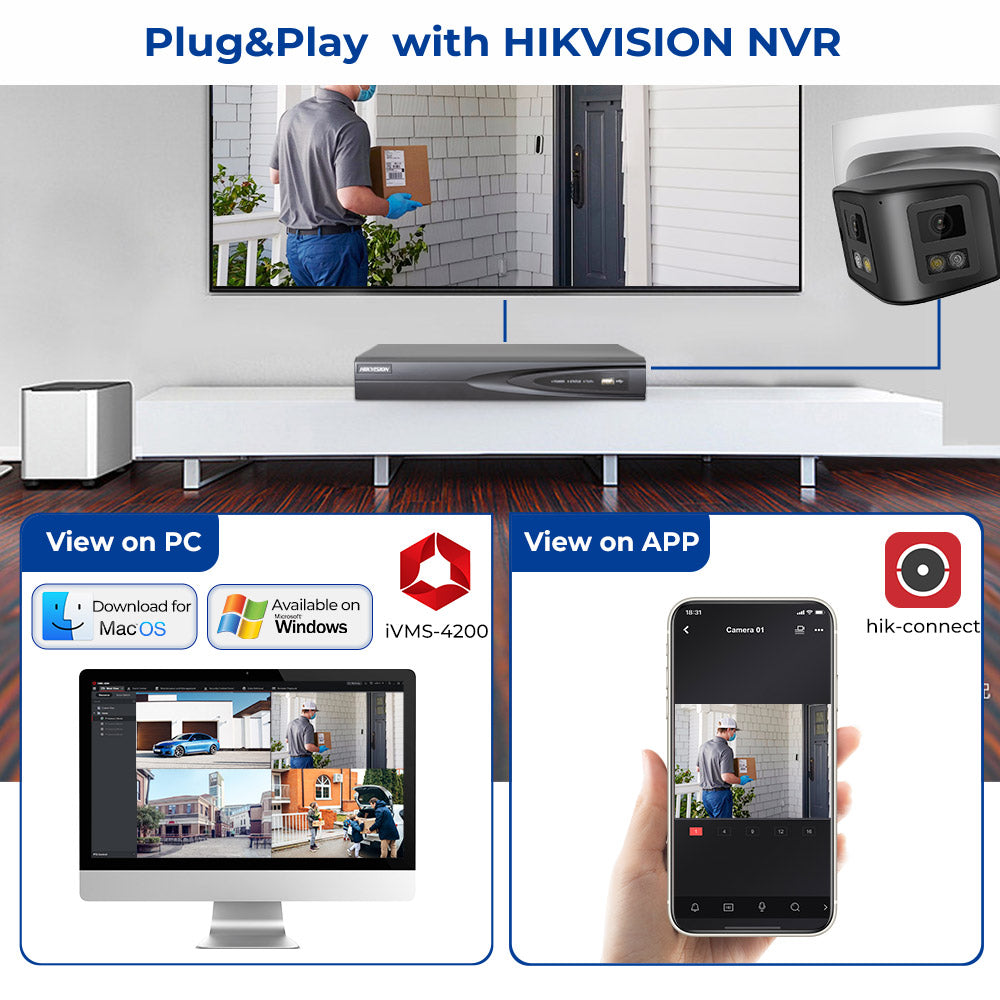 HIKVISION Compatible 2-Lens Panoramic 4MP IP Camera IR Color Night 2way audio Active Alert