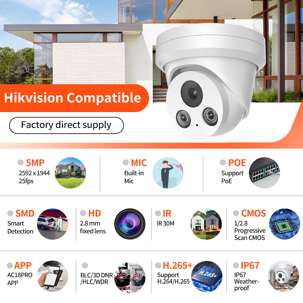 Hikvision Compatible 5MP Full-Color Built-in Mic Fixed Turret POE IP Camera 2.8mm with Motion Detection