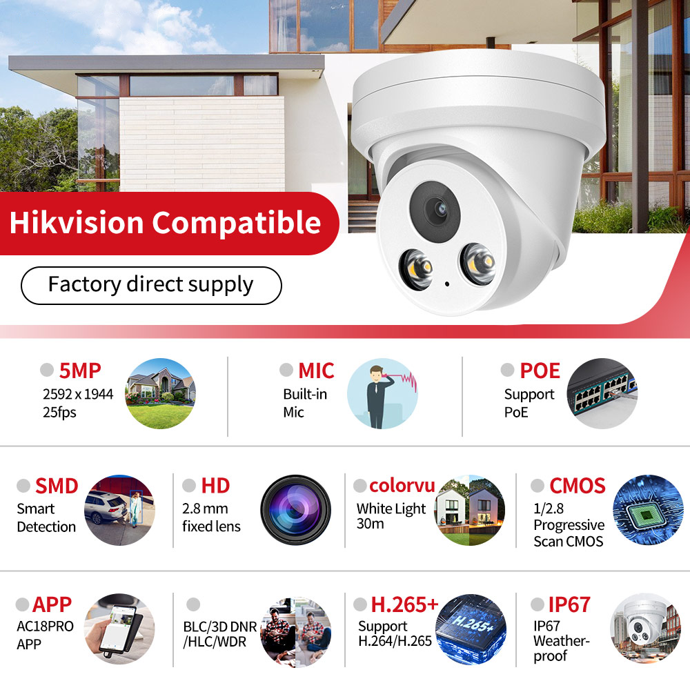 Hikvision Compatible 5MP Built-in Mic ColorVu PoE IP Camera H.265+ IP67