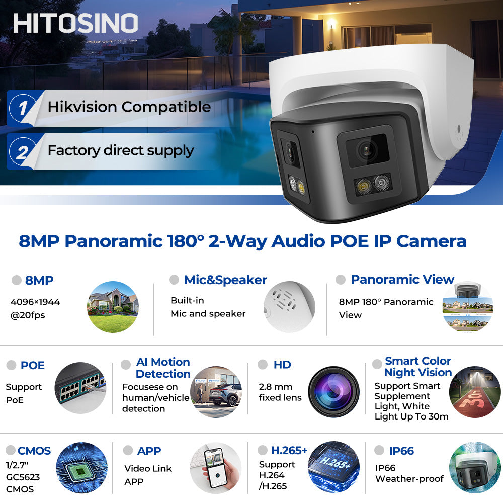 HIKVISION Compatible MIC & Speaker Panoramic 8MP IR PoE 4K 8MP IP Camera 2-Lens Color Night