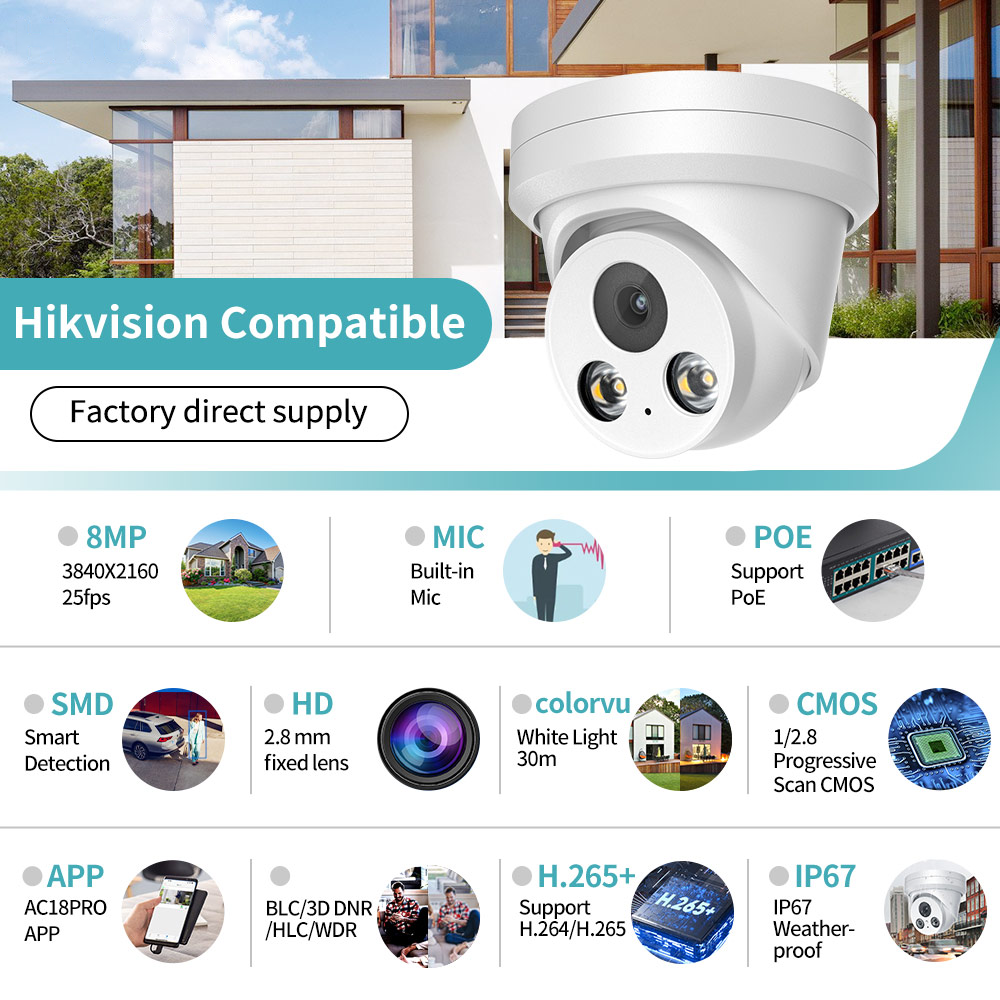 Hikvision Compatible 8MP Full-Color Turret Bulit-in Mic POE IP Camera H.265+ WDR