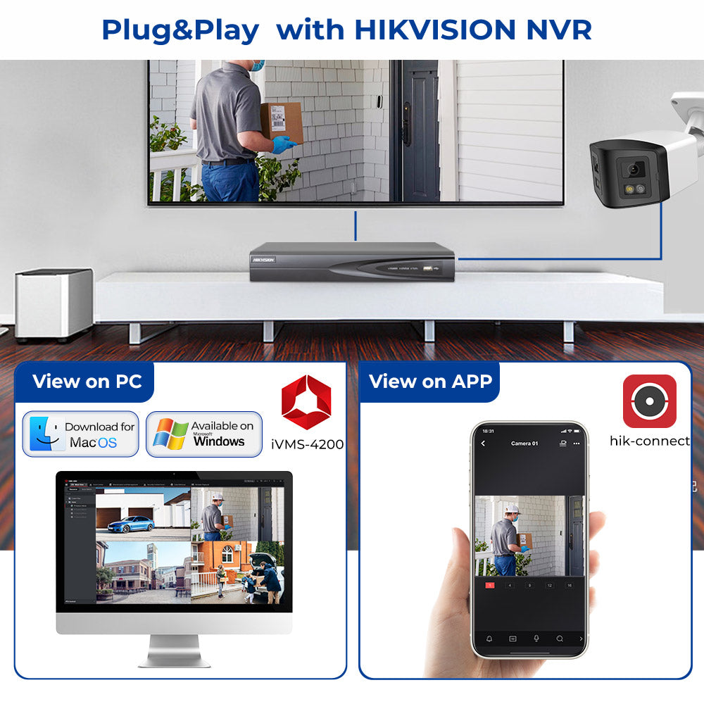 HIKVISION Compatible 8MP 2-Lens Panoramic Speaker+MIC 24/7 Color Night 4K IP Camera Bullet