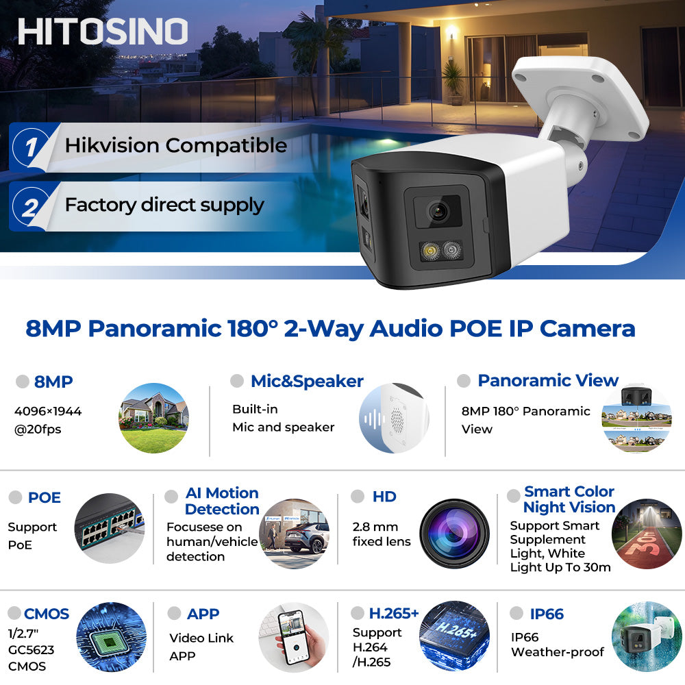 HIKVISION Compatible 8MP 2-Lens Panoramic Speaker+MIC 24/7 Color Night 4K IP Camera Bullet