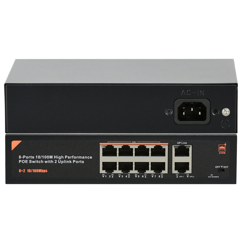 8 Port PoE Switch 2 Uplink Unmanaged 803.af/at for NVR & PoE IP Camera Plug & PLay
